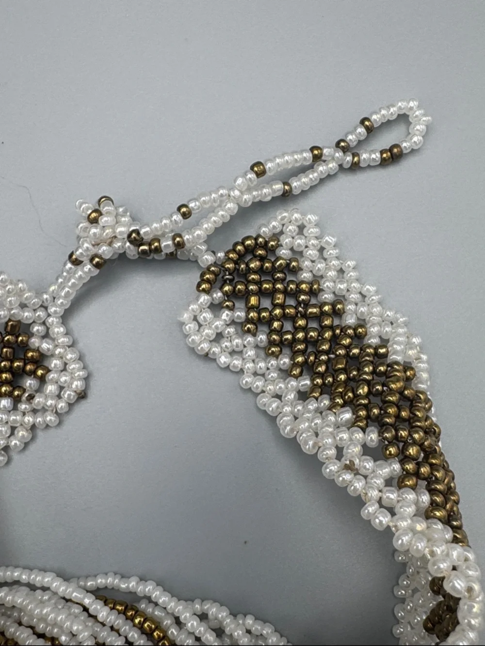 Handmade White and Gold Seed Bead Fringe Necklace - Picture 3 of 3